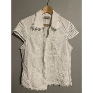 Caamano Womens Top XL White Floral Embroidered Button Up Raw Hem Casual Boho